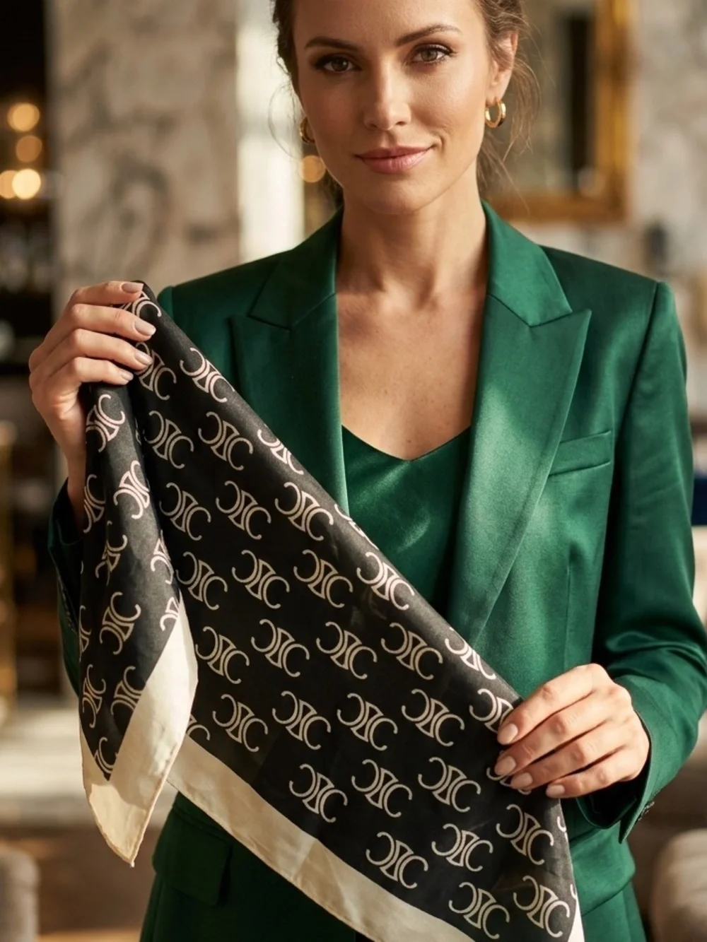 CELINE Patterned Logo Silk Scarf